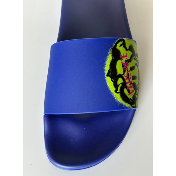 Versace Smiley Medusa Slides Sandals Blue/Lime 11 US (44 Eu) DSU6516 IT NIB $450 - Picture 10 of 13